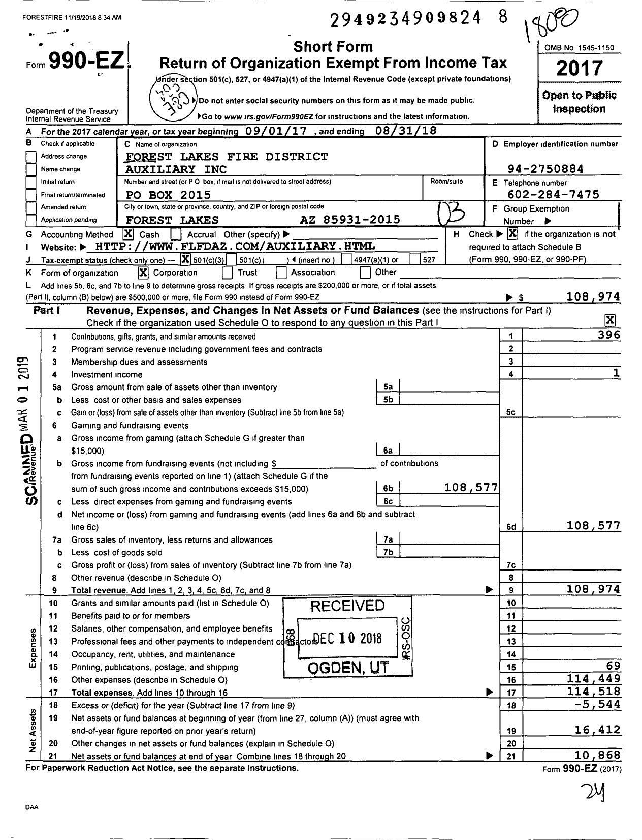 Image of first page of 2017 Form 990EZ for Forest Lakes Fire District Auxiliary