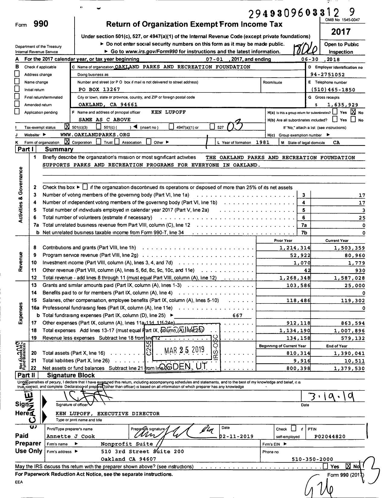 Image of first page of 2017 Form 990 for Oakland Parks and Recreation Foundation