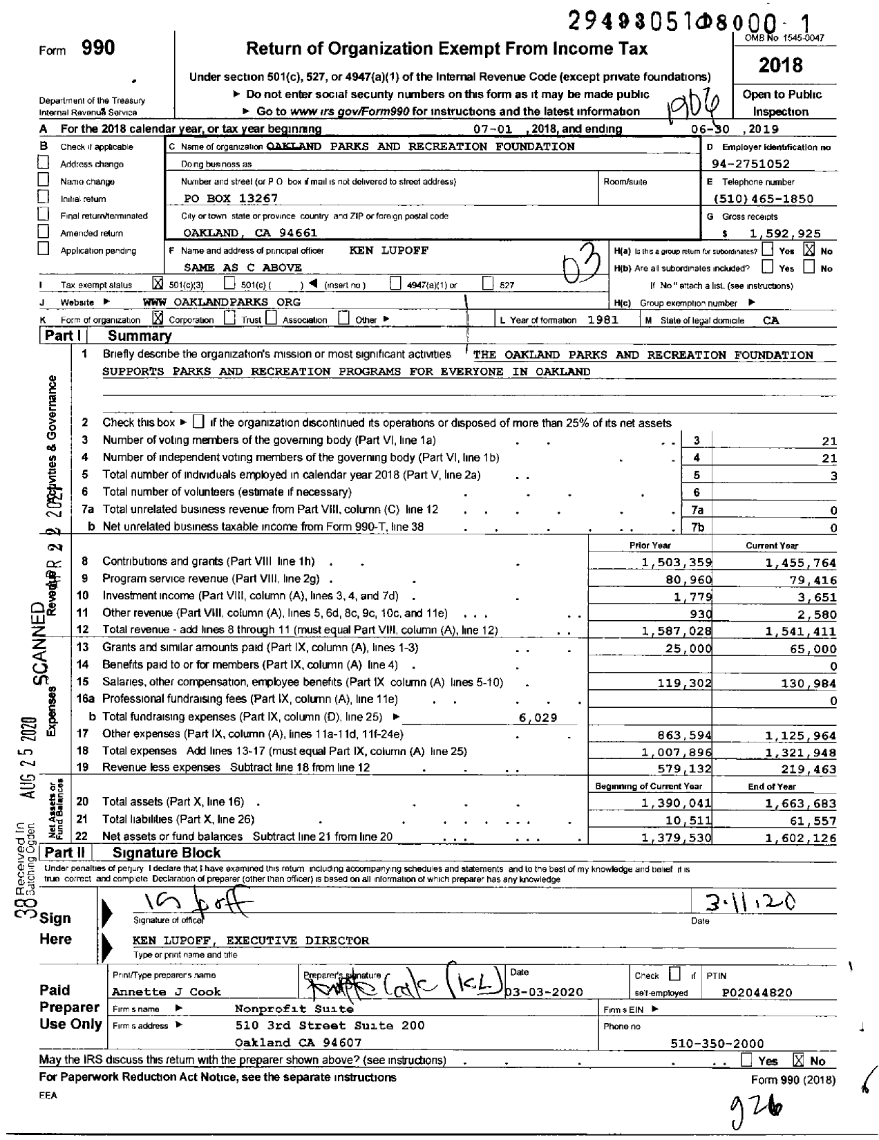 Image of first page of 2018 Form 990 for Oakland Parks and Recreation Foundation