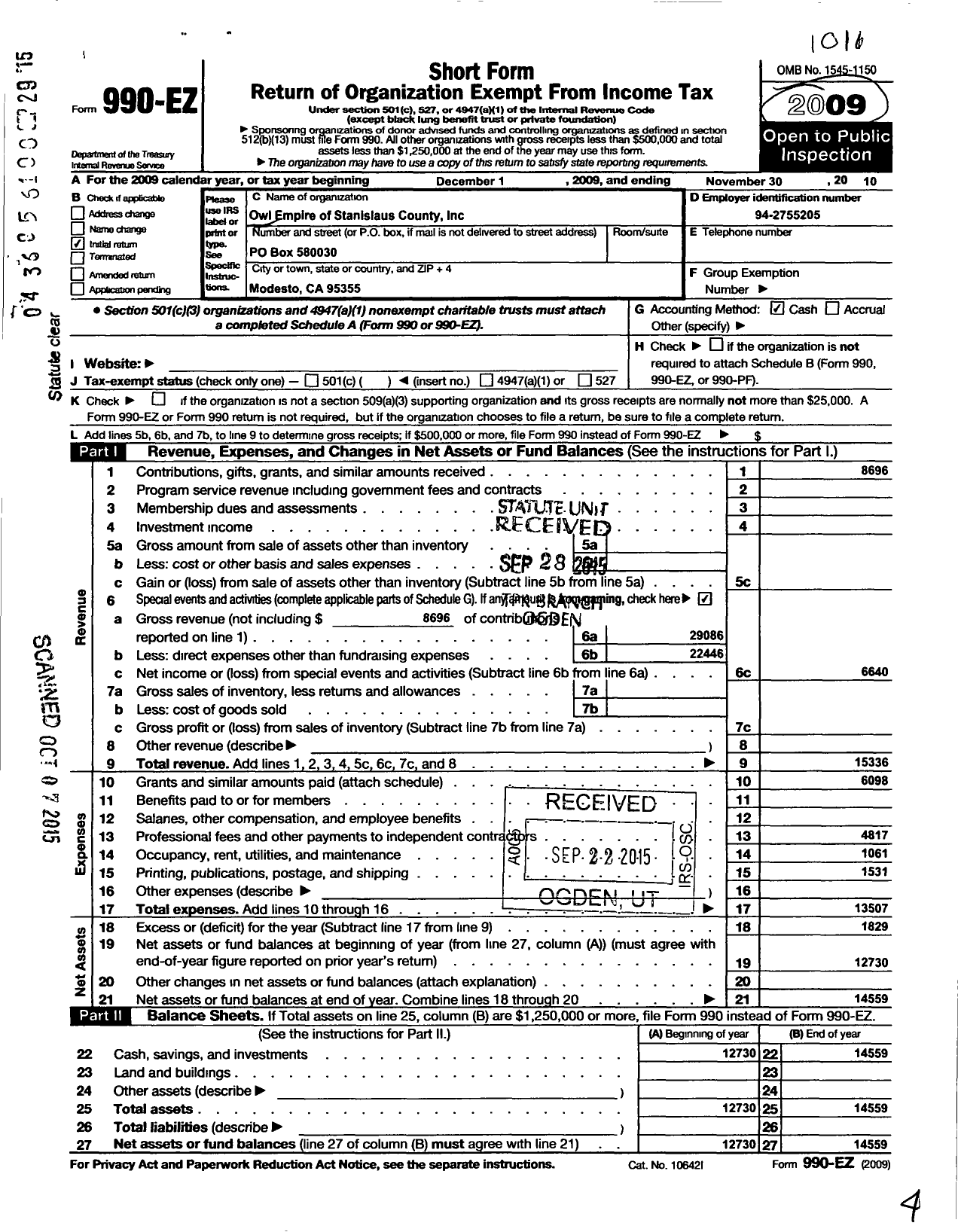 Image of first page of 2009 Form 990EO for Owl Empire of Stanislaus County