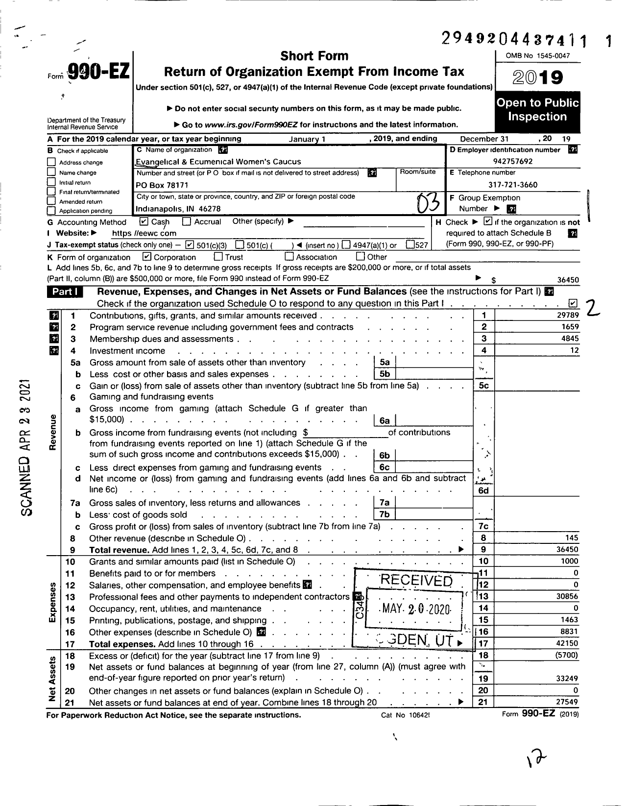 Image of first page of 2019 Form 990EZ for Evangelical and Ecumenical Womens Caucus