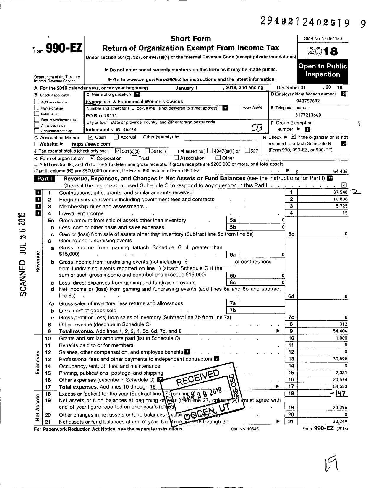 Image of first page of 2018 Form 990EZ for Evangelical and Ecumenical Womens Caucus