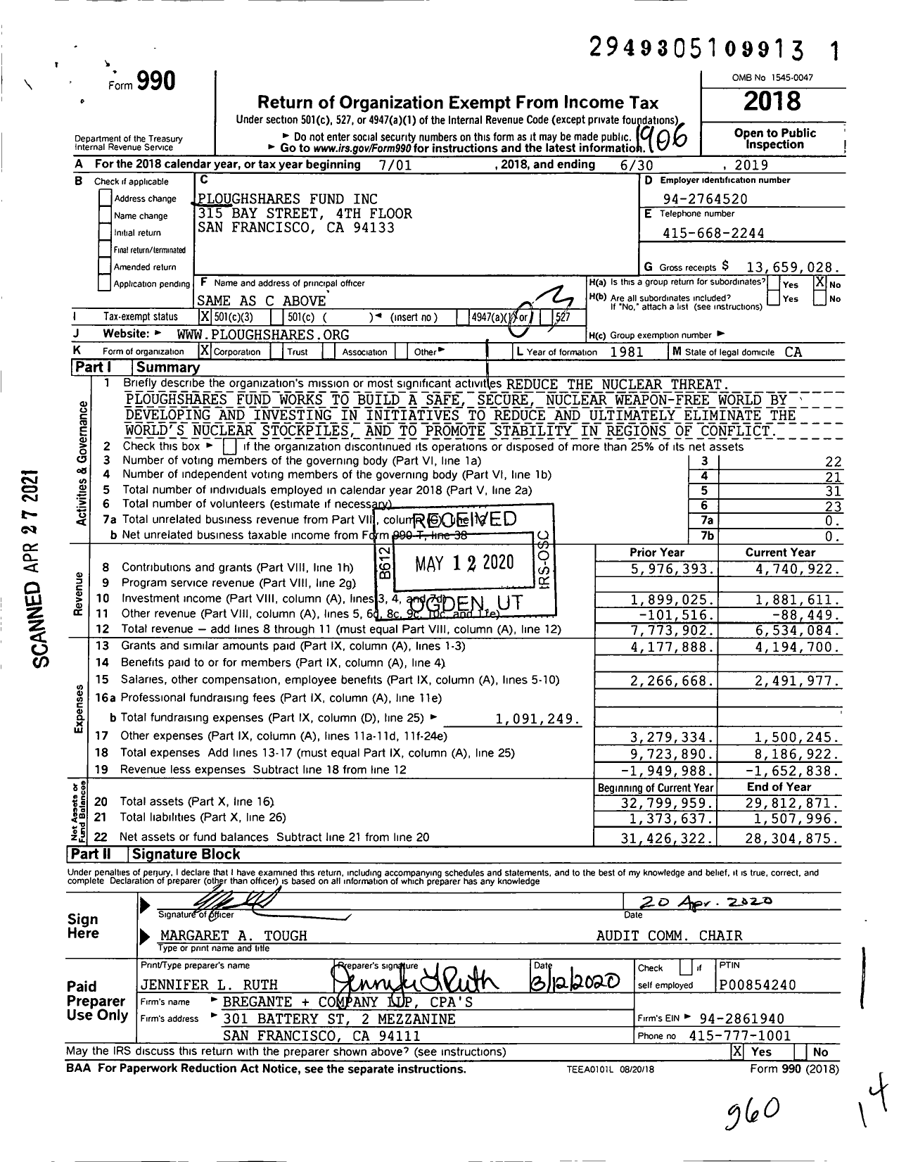 Image of first page of 2018 Form 990 for Ploughshares Fund