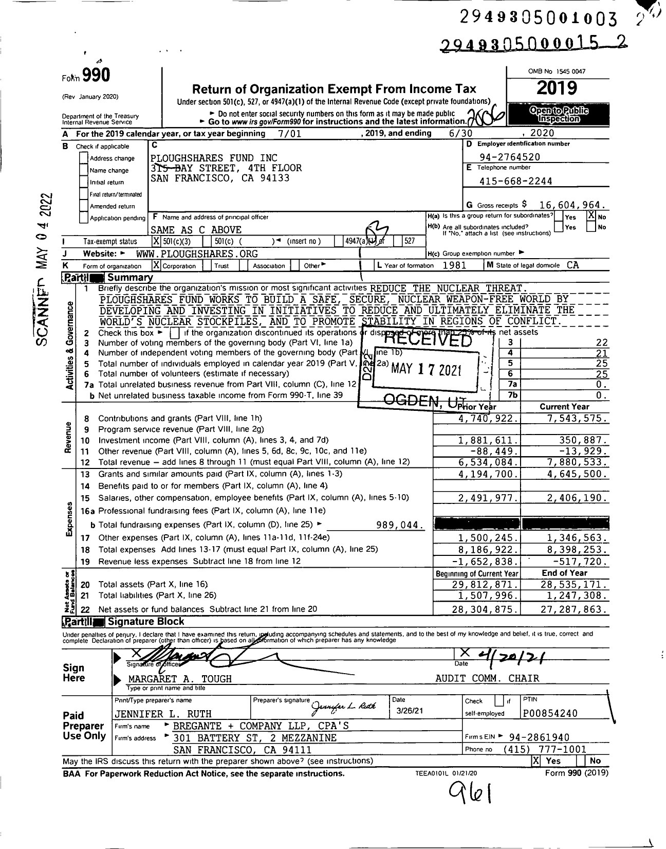 Image of first page of 2019 Form 990 for Ploughshares Fund