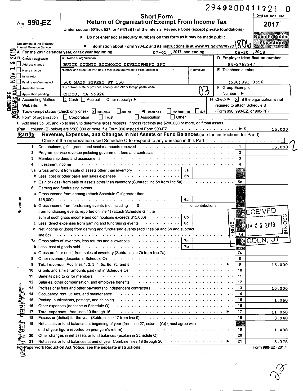 Image of first page of 2017 Form 990EZ for Butte County Overall Economic Development