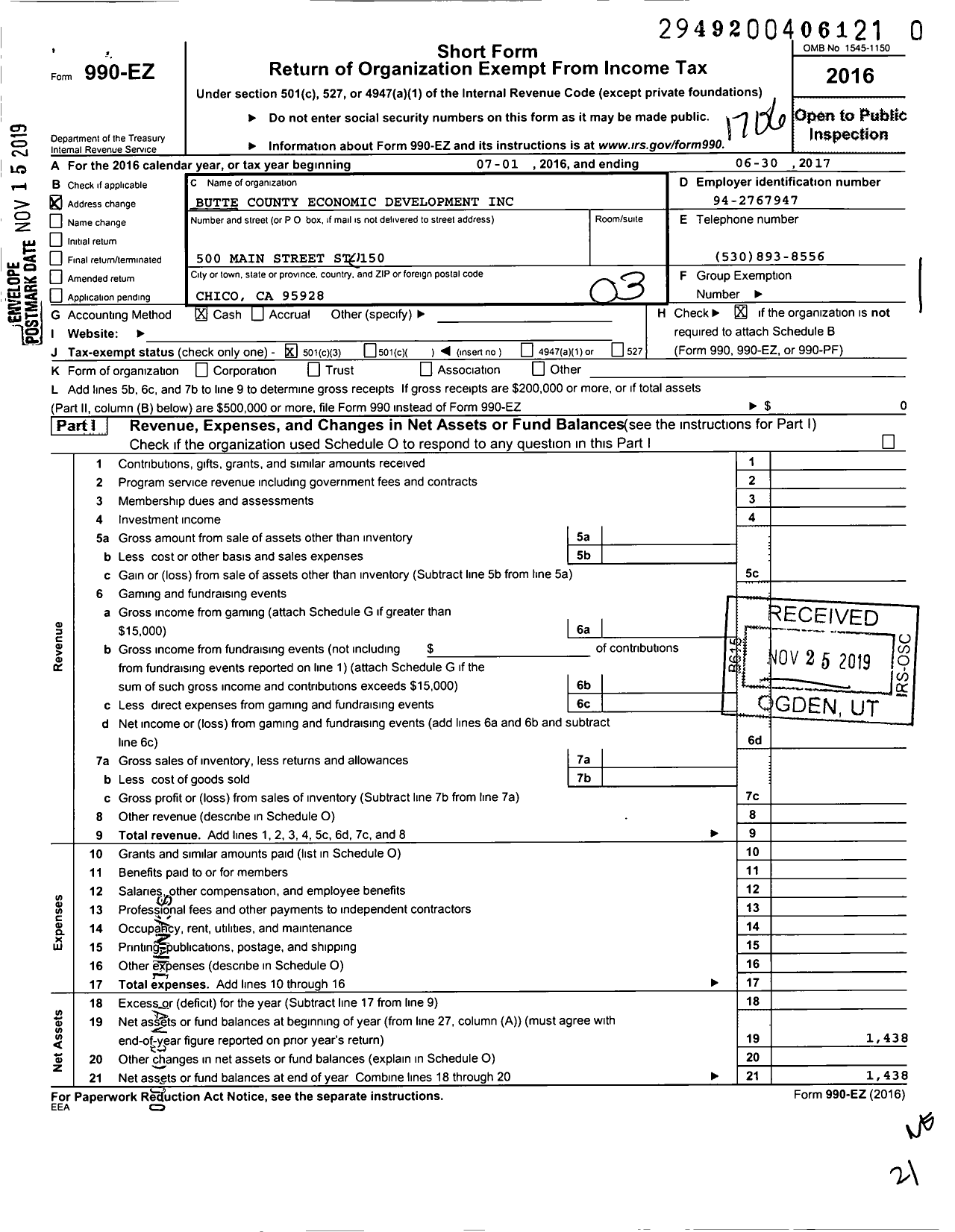 Image of first page of 2016 Form 990EZ for Butte County Overall Economic Development