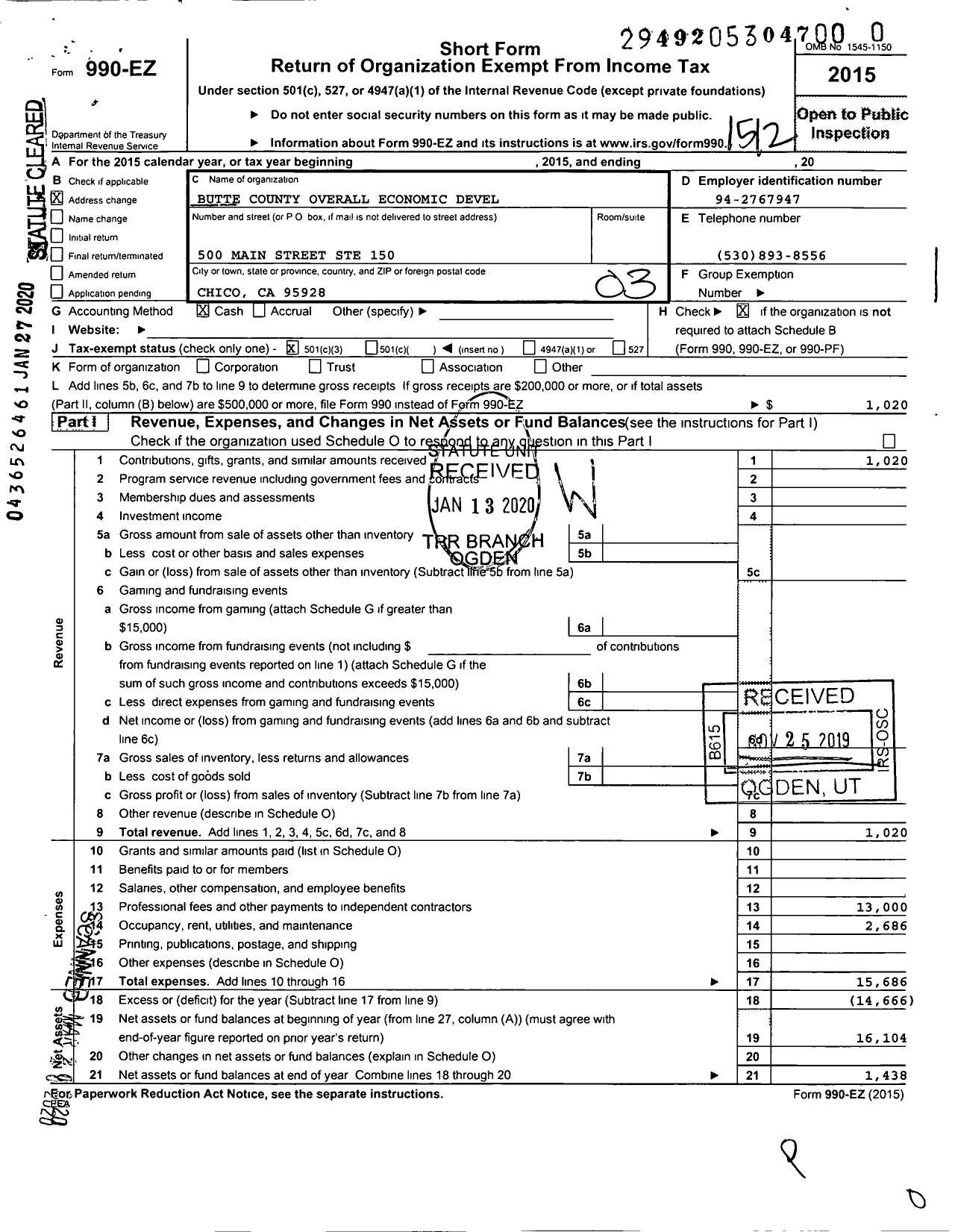 Image of first page of 2015 Form 990EZ for Butte County Overall Economic Development