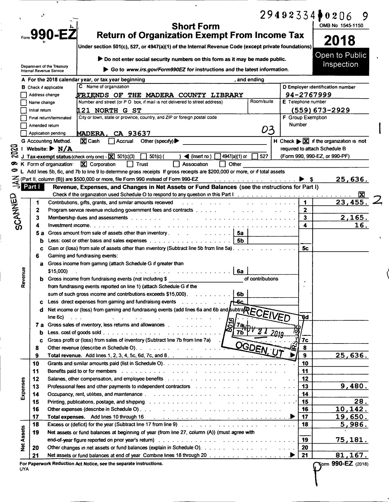 Image of first page of 2018 Form 990EZ for Friends of the Madera County Library