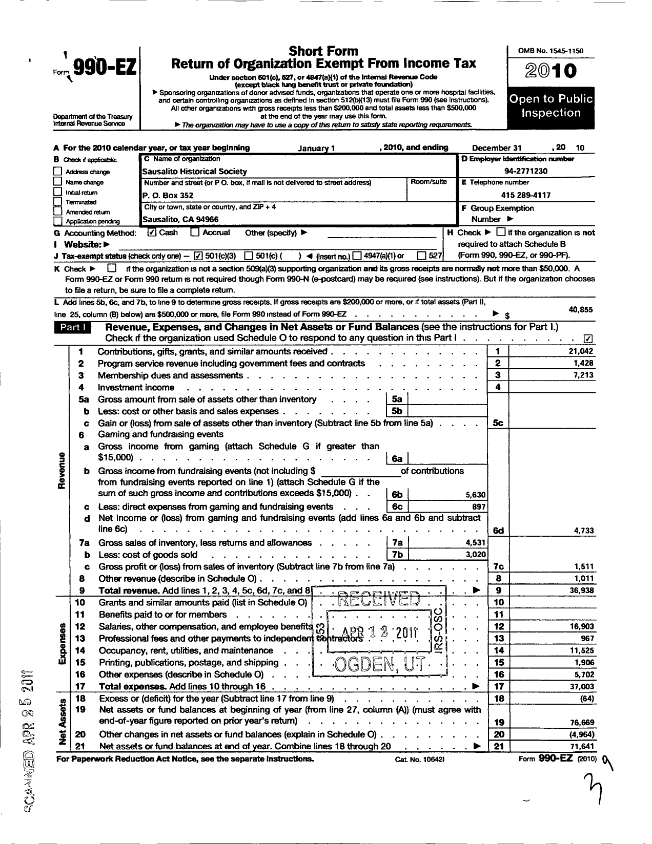 Image of first page of 2010 Form 990EZ for Sausalito Historical Society