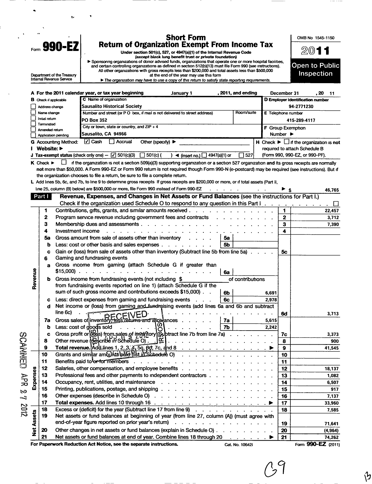 Image of first page of 2011 Form 990EZ for Sausalito Historical Society