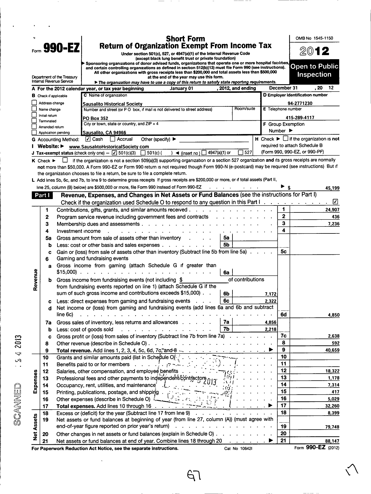 Image of first page of 2012 Form 990EZ for Sausalito Historical Society