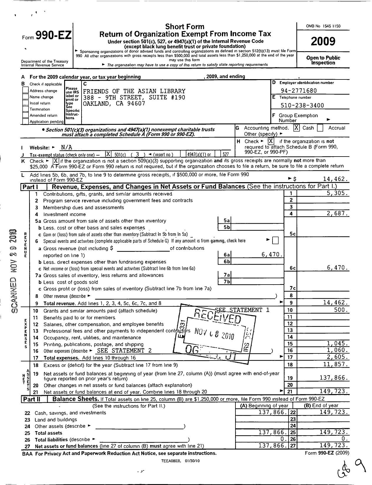 Image of first page of 2009 Form 990EZ for Friends of the Asian Library