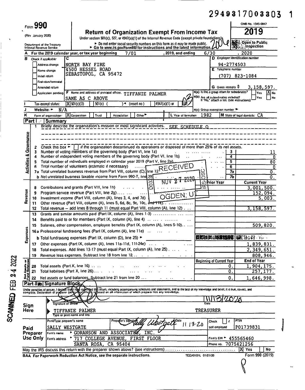 Image of first page of 2019 Form 990 for North Bay Fire