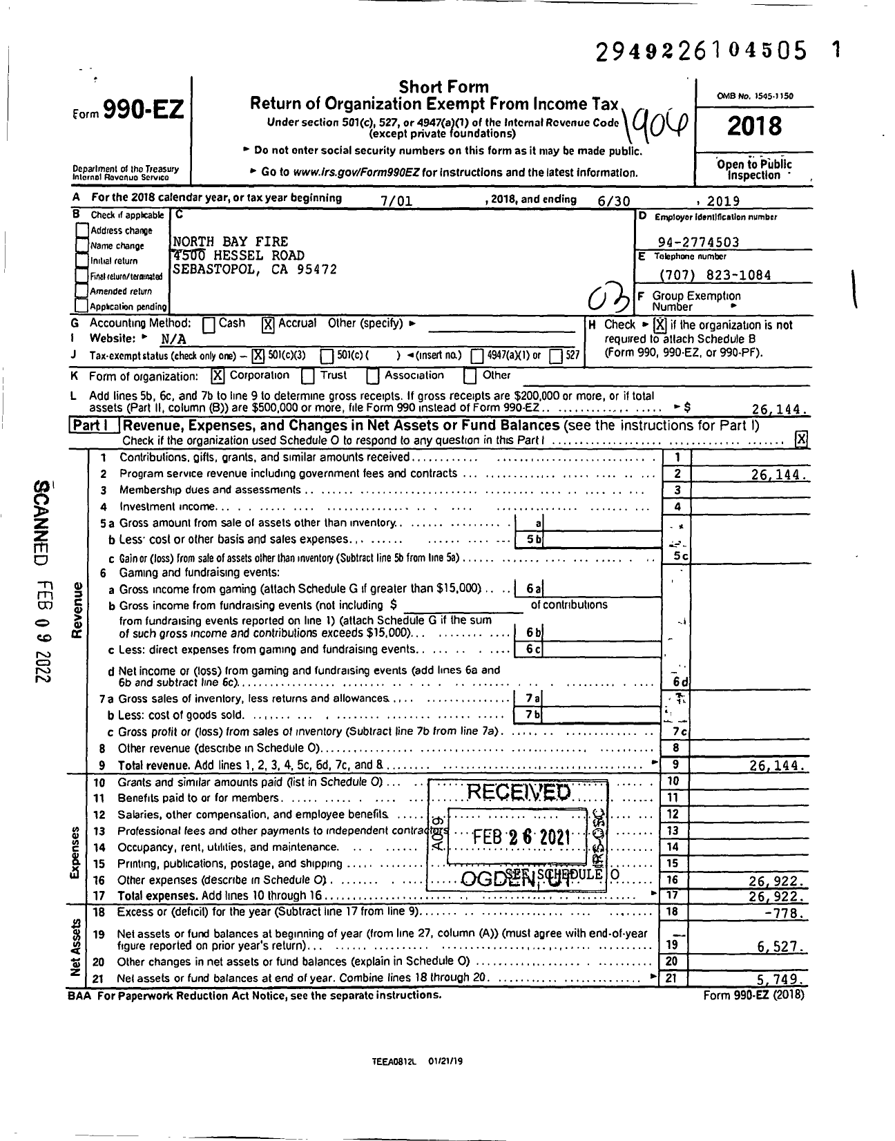 Image of first page of 2018 Form 990EZ for North Bay Fire