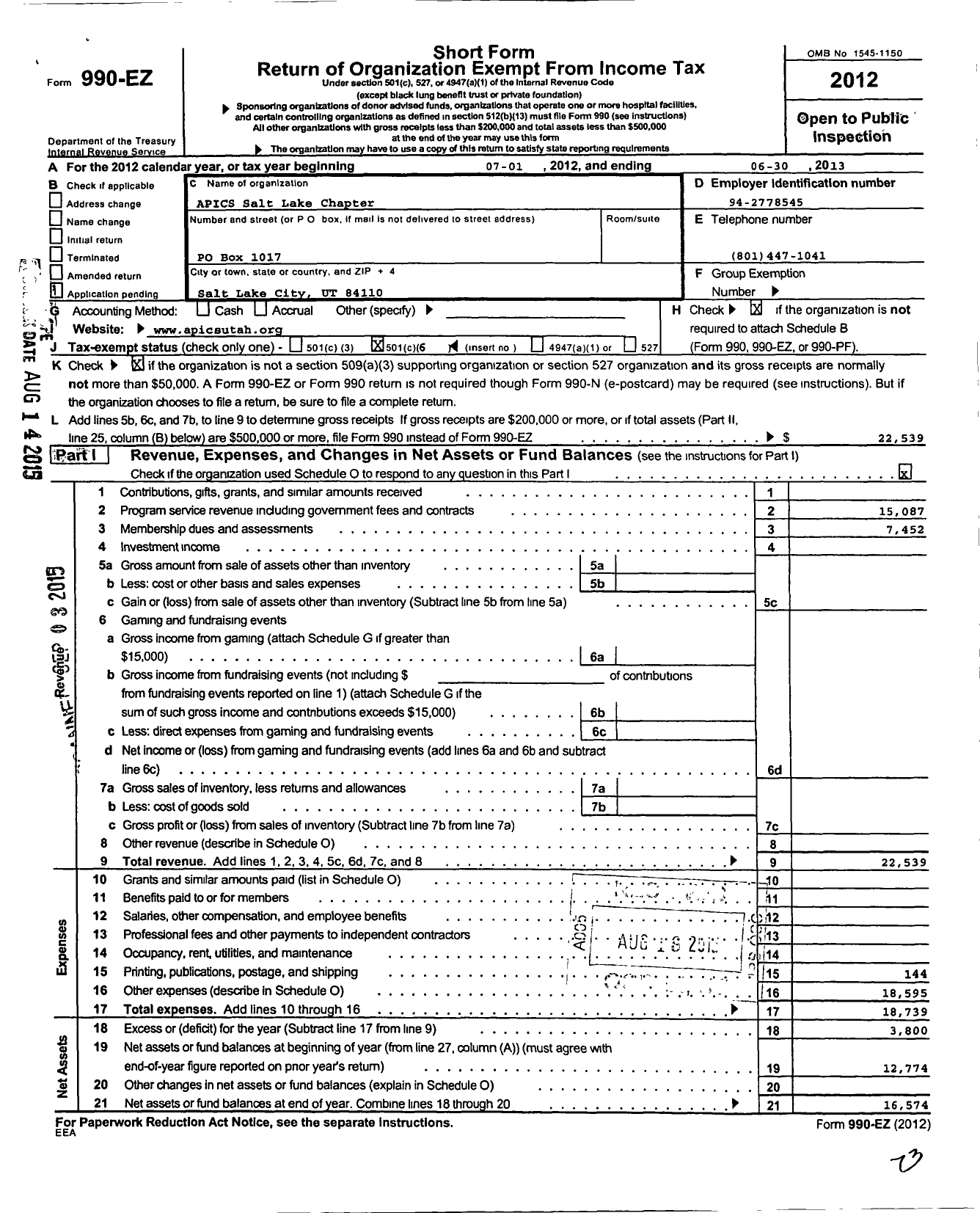 Image of first page of 2012 Form 990EO for Apics Salt Lake Chapter