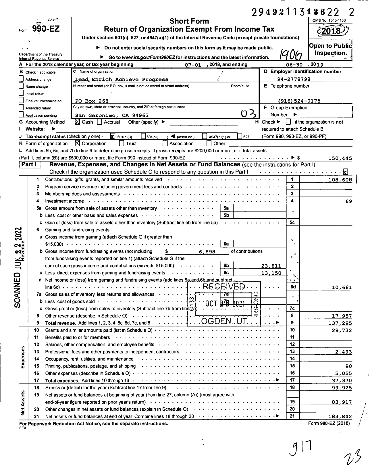 Image of first page of 2018 Form 990EZ for Lead Enrich Achieve Progress