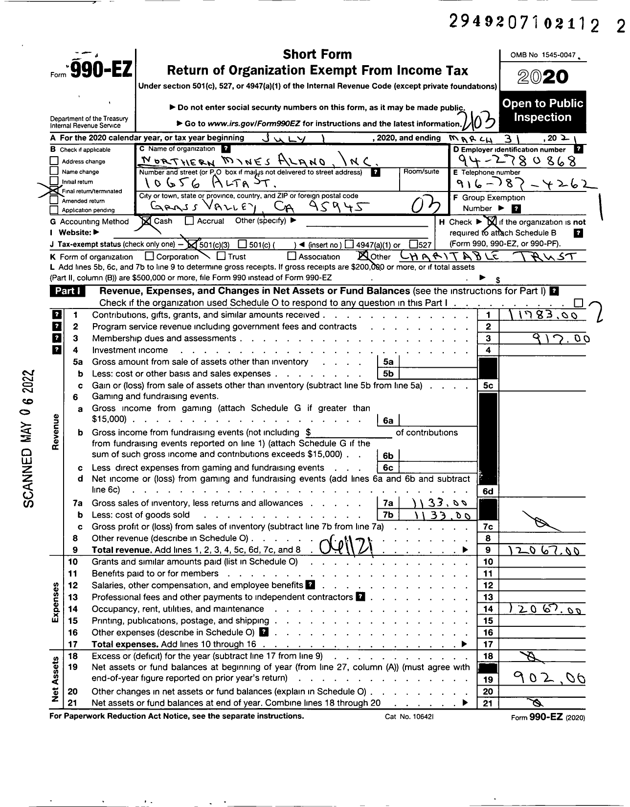 Image of first page of 2020 Form 990EZ for Northern Mines Alano