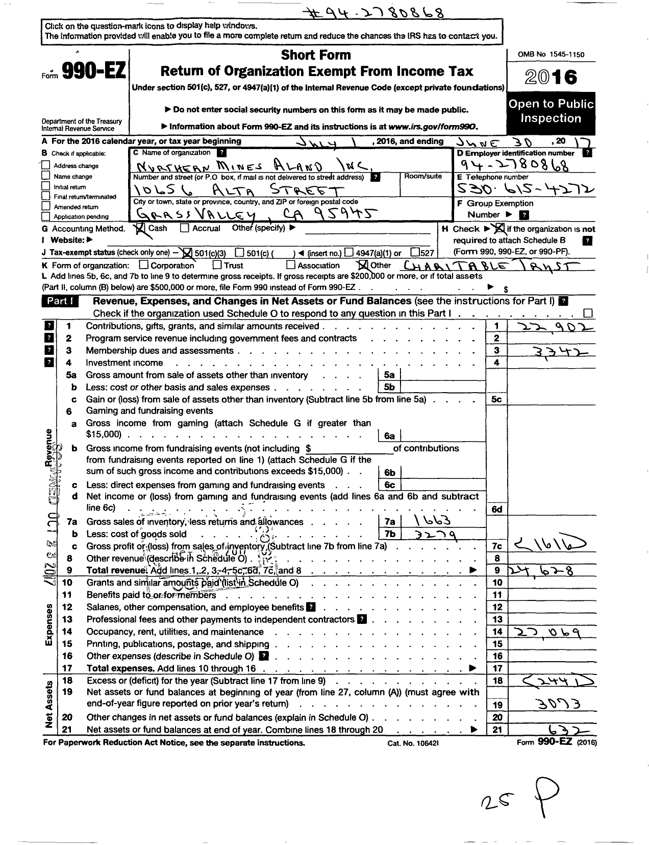 Image of first page of 2016 Form 990EZ for Northern Mines Alano