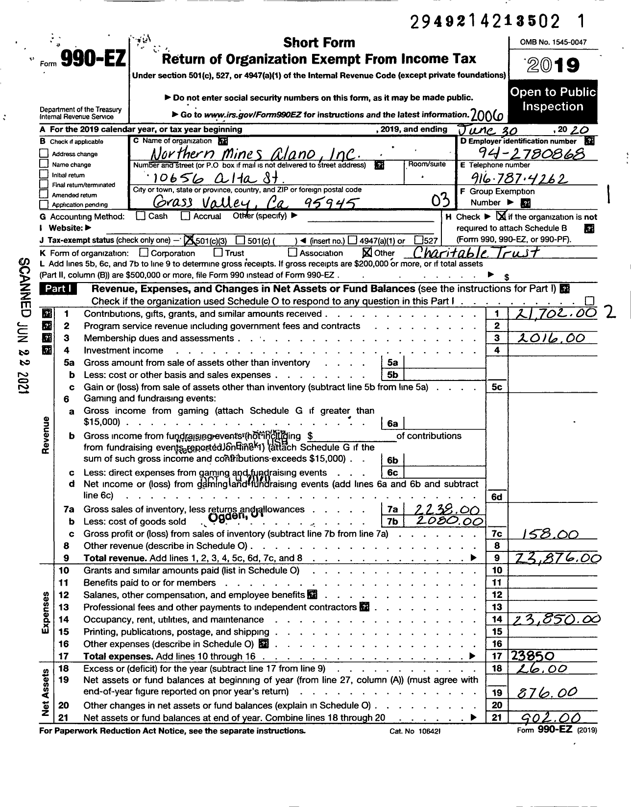 Image of first page of 2019 Form 990EZ for Northern Mines Alano