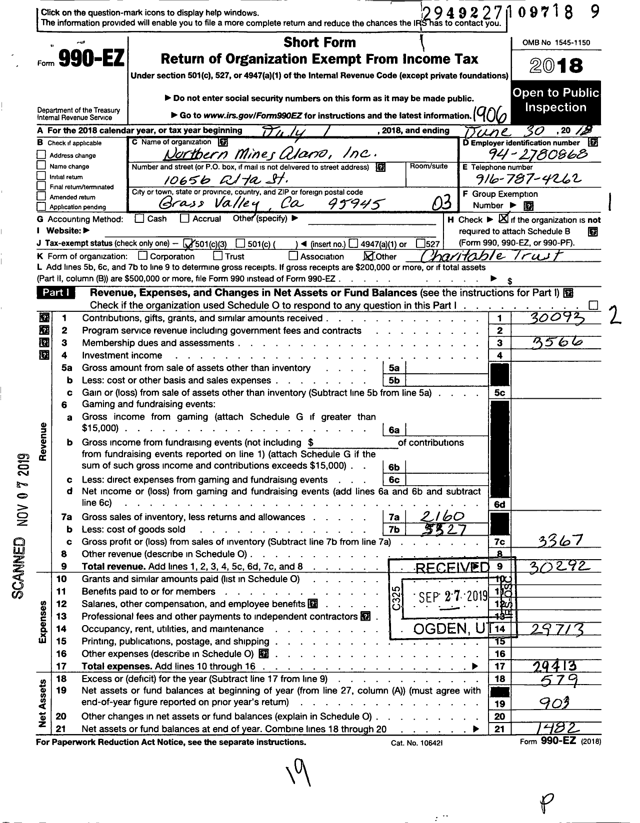 Image of first page of 2018 Form 990EZ for Northern Mines Alano