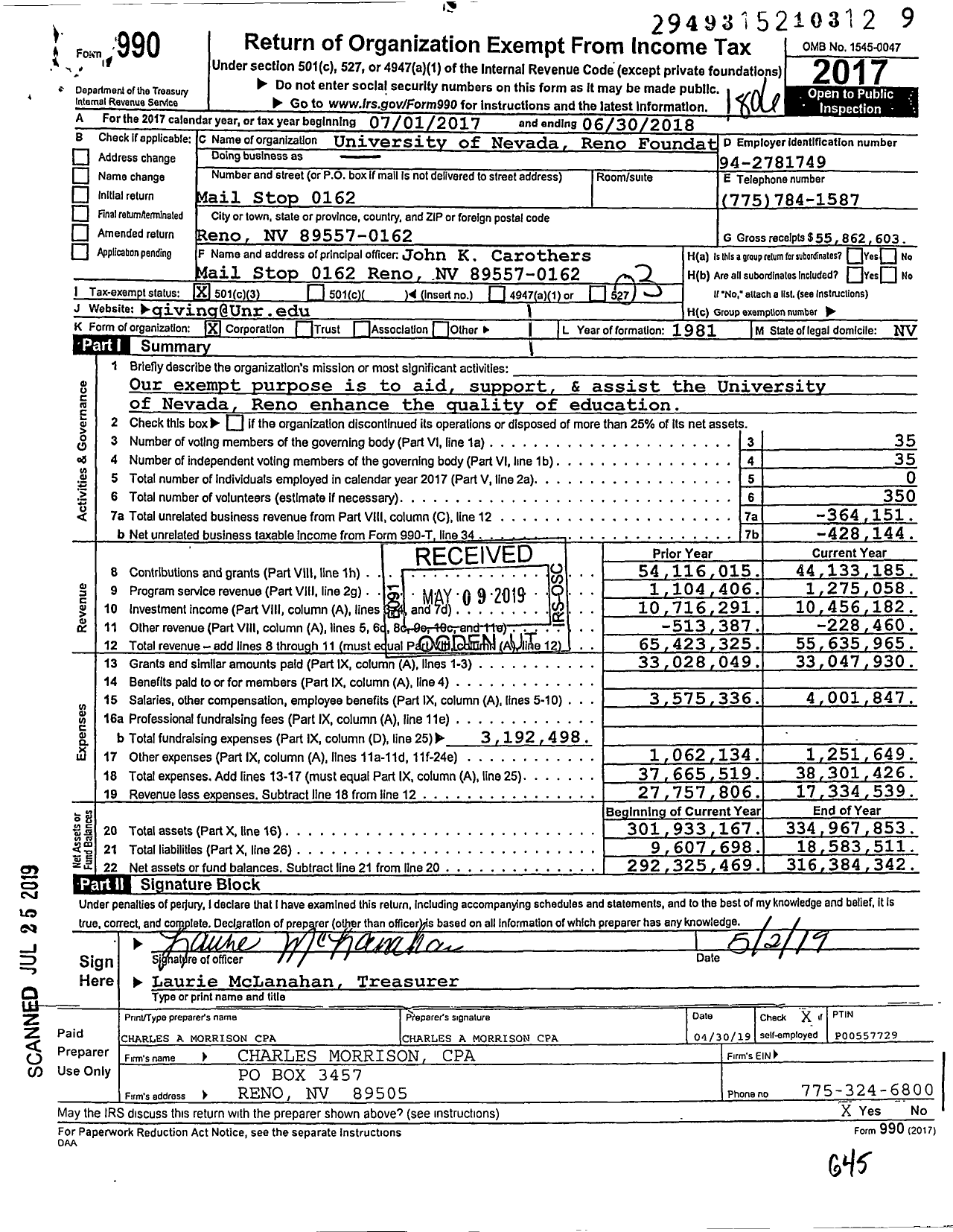 Image of first page of 2017 Form 990 for University of Nevada-Reno Foundation