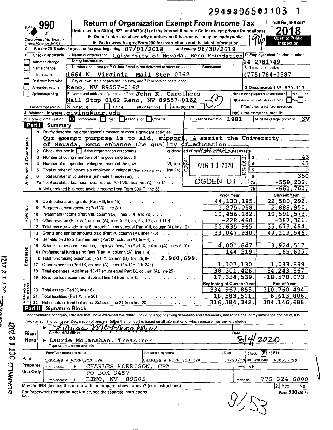 Image of first page of 2018 Form 990 for University of Nevada-Reno Foundation