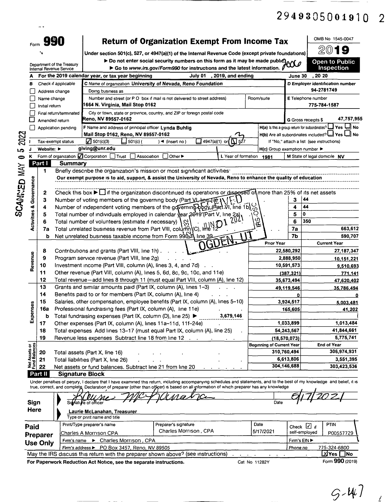 Image of first page of 2019 Form 990 for University of Nevada-Reno Foundation