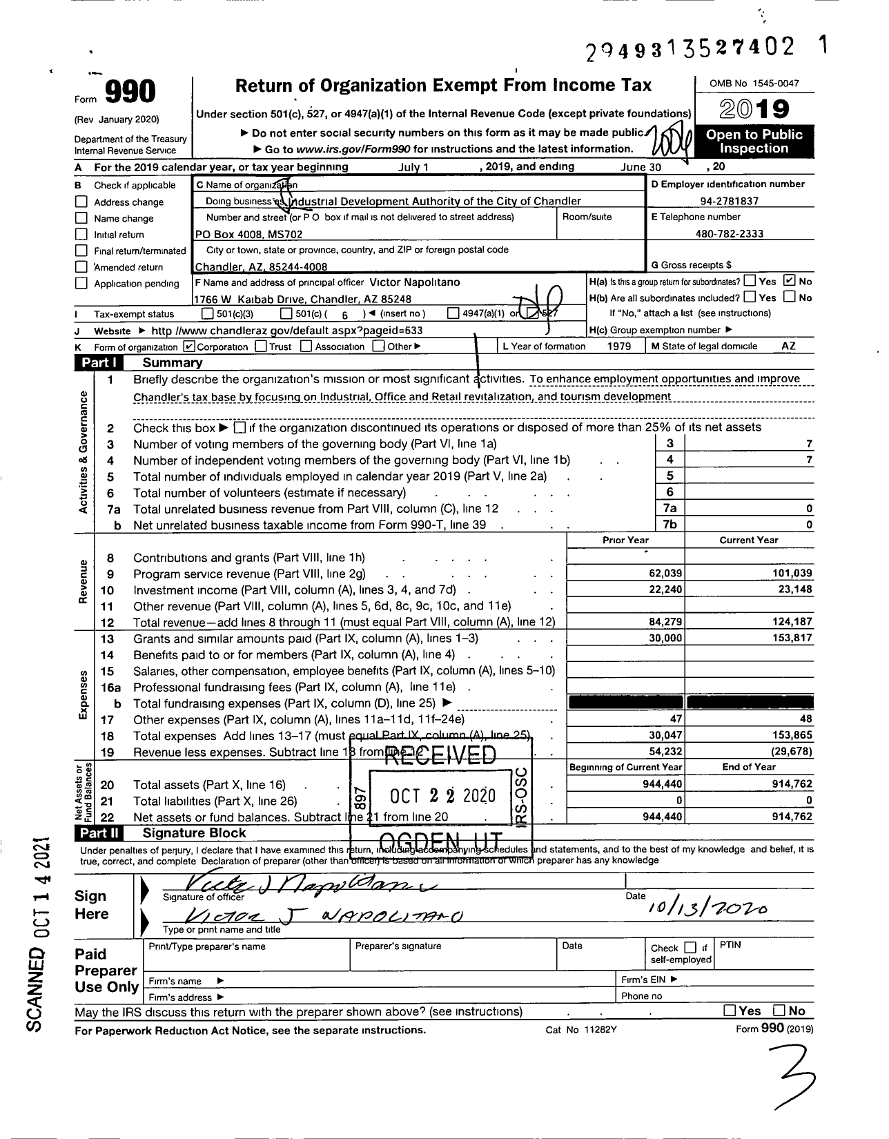 Image of first page of 2019 Form 990O for Industrial Development Authority of the City of Chandler Arizona