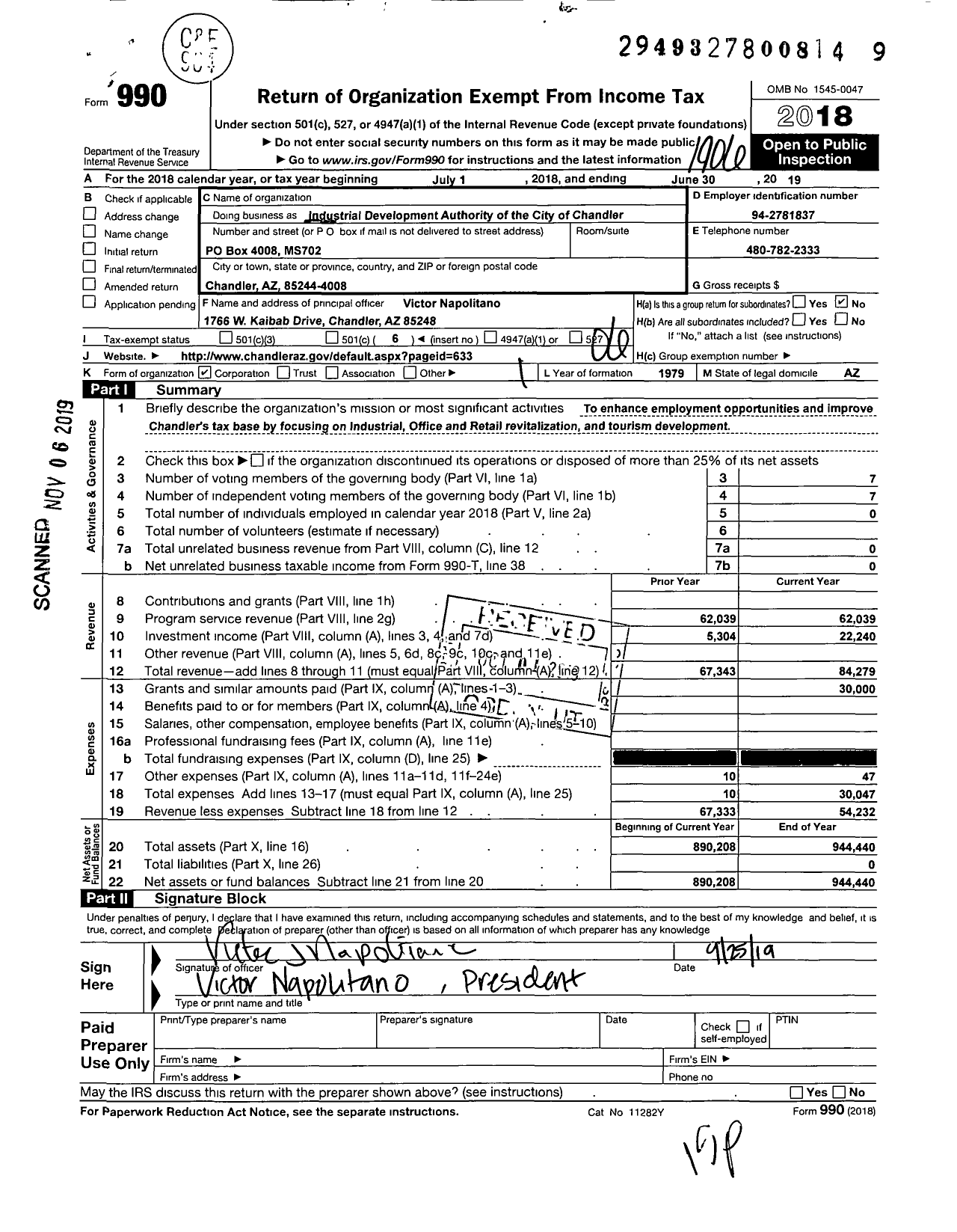 Image of first page of 2018 Form 990O for Industrial Development Authority of the City of Chandler Arizona