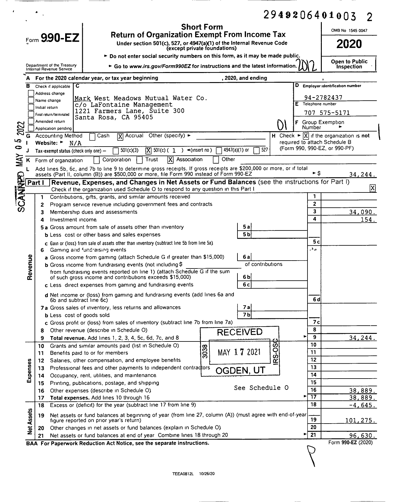 Image of first page of 2020 Form 990EO for Mark West Meadows Mutual Water Company