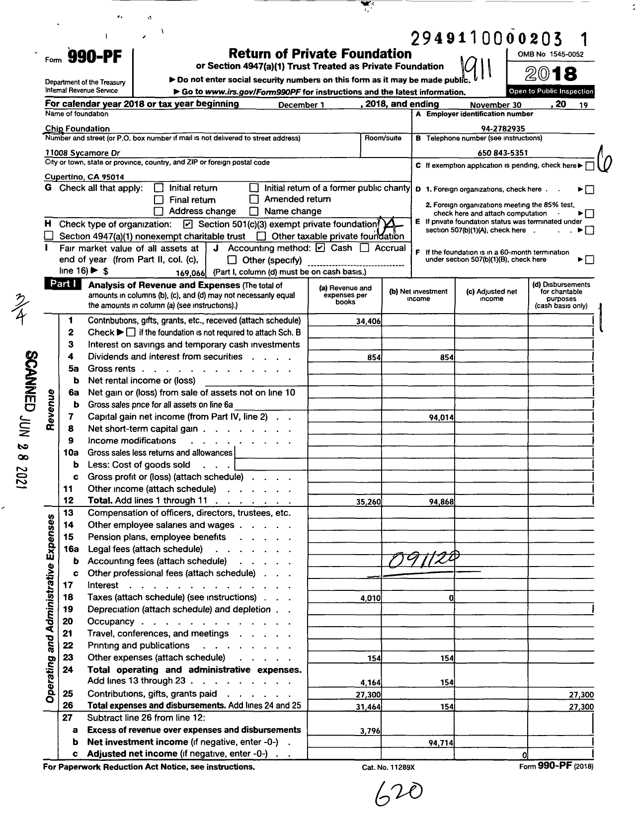 Image of first page of 2018 Form 990PF for Chip Foundation