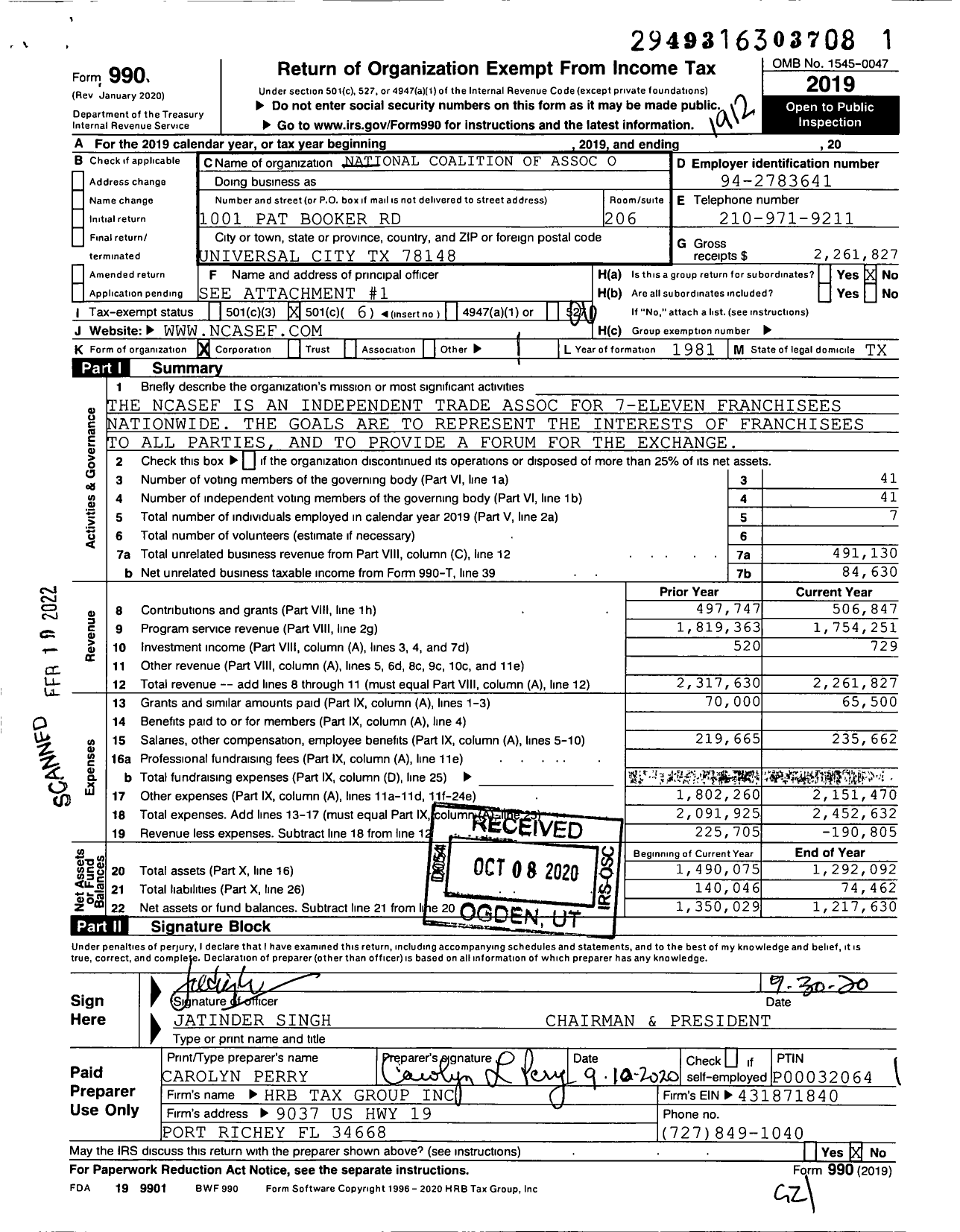 Image of first page of 2019 Form 990O for National Coalition of Associations of 7 Eleven Franchisees (NCASEF)