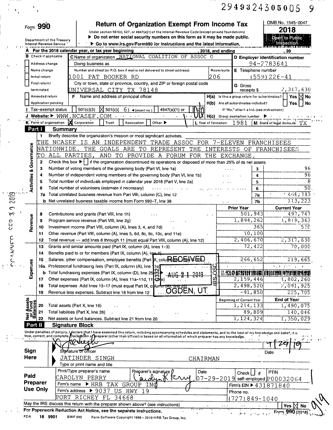 Image of first page of 2018 Form 990O for National Coalition of Associations of 7 Eleven Franchisees (NCASEF)