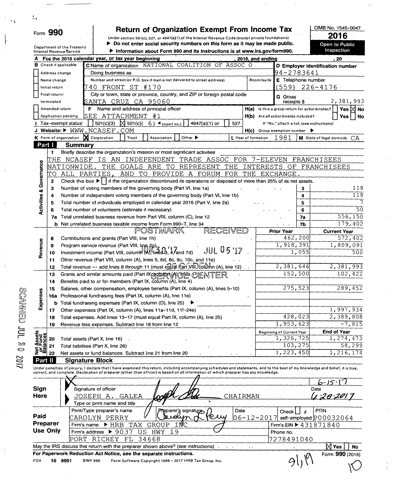 Image of first page of 2016 Form 990O for National Coalition of Associations of 7 Eleven Franchisees (NCASEF)