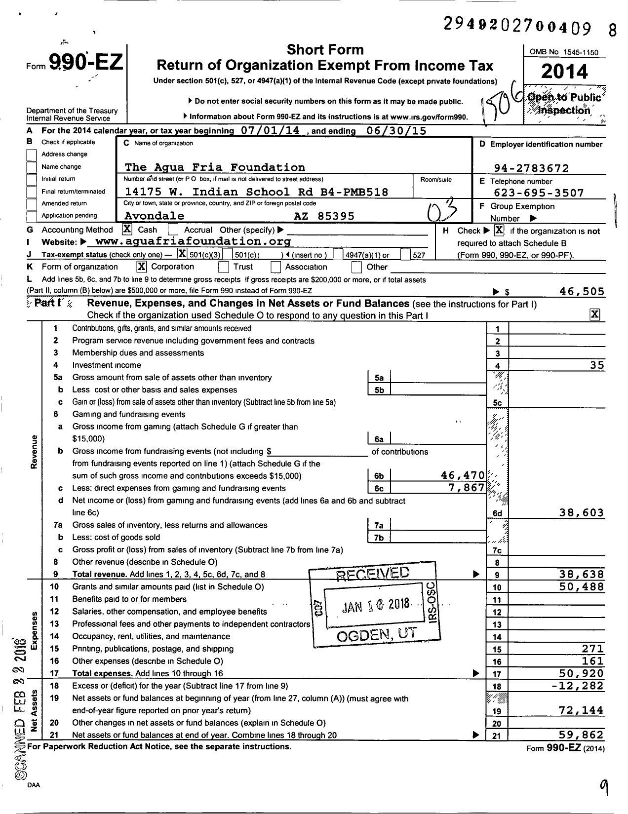 Image of first page of 2014 Form 990EZ for Agua Fria Foundation