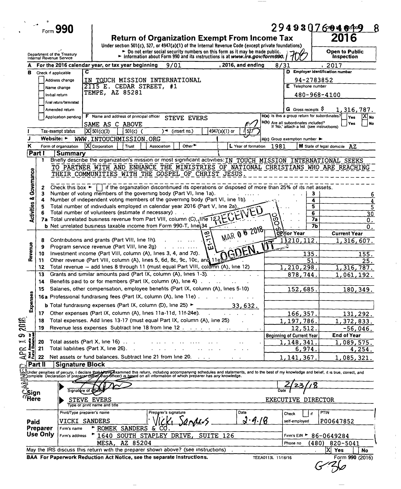 Image of first page of 2016 Form 990 for In Touch Mission International