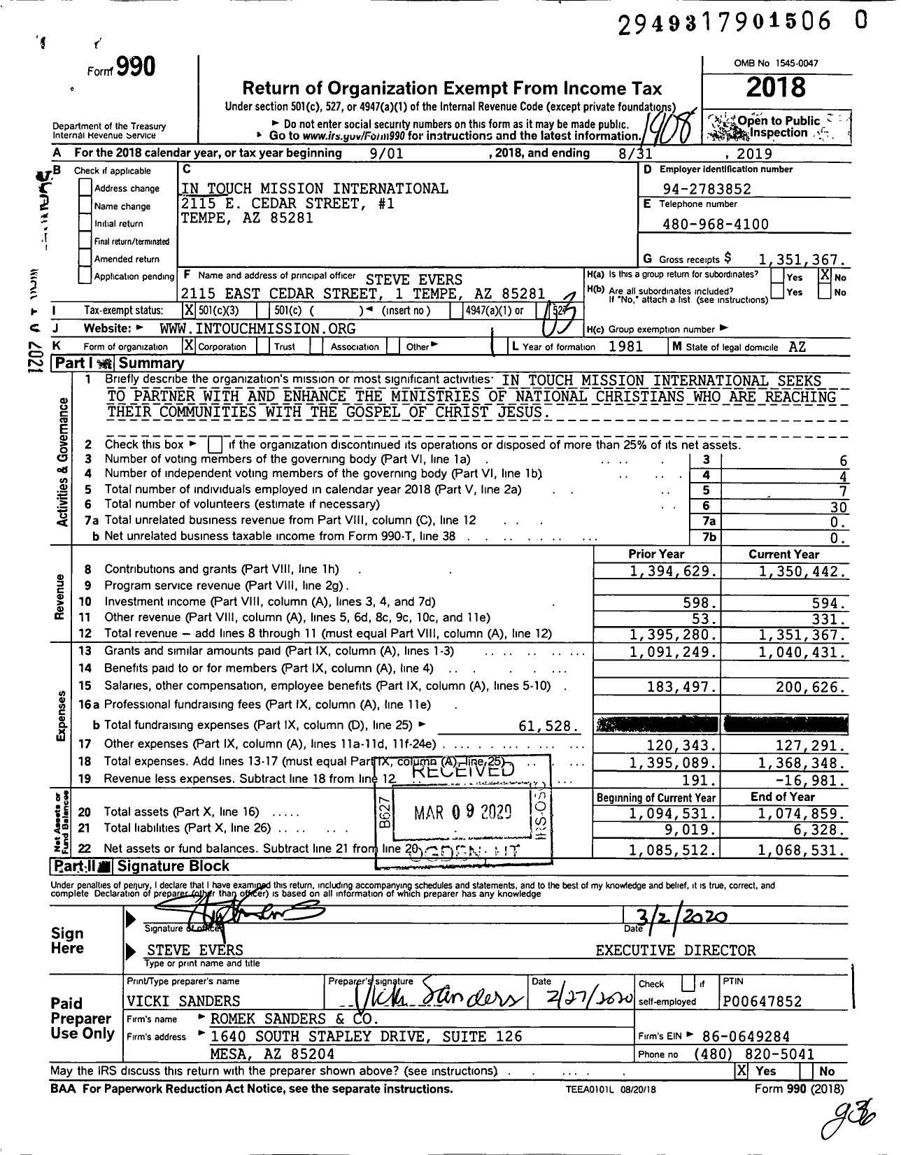 Image of first page of 2018 Form 990 for In Touch Mission International