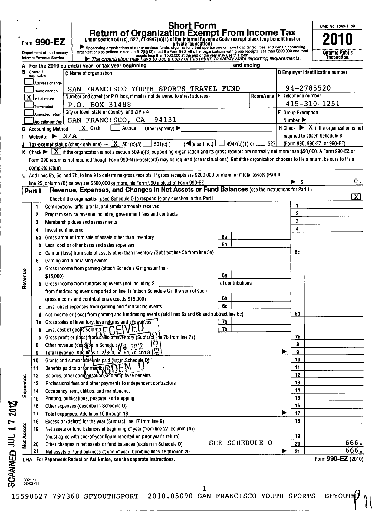 Image of first page of 2010 Form 990EZ for San Francisco Youth Sports Travel Fund