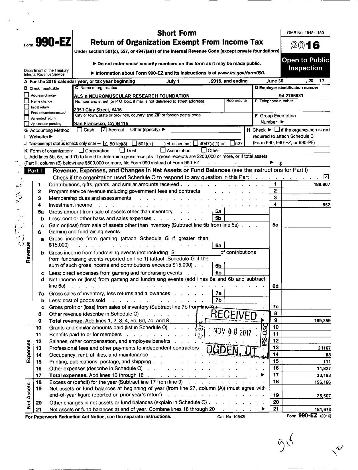 Image of first page of 2016 Form 990EZ for ALS and Neuromuscular Research Foundation