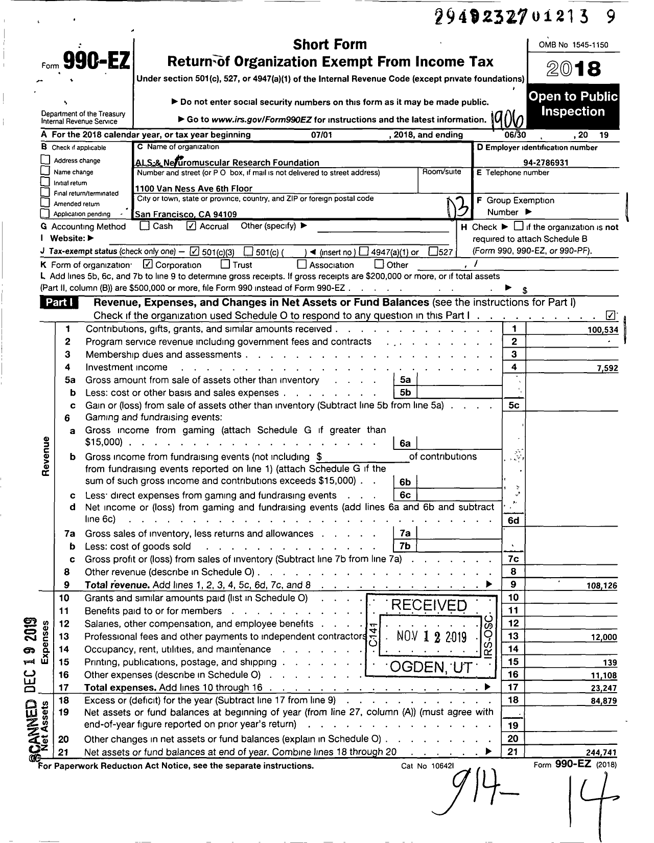 Image of first page of 2018 Form 990EZ for ALS and Neuromuscular Research Foundation