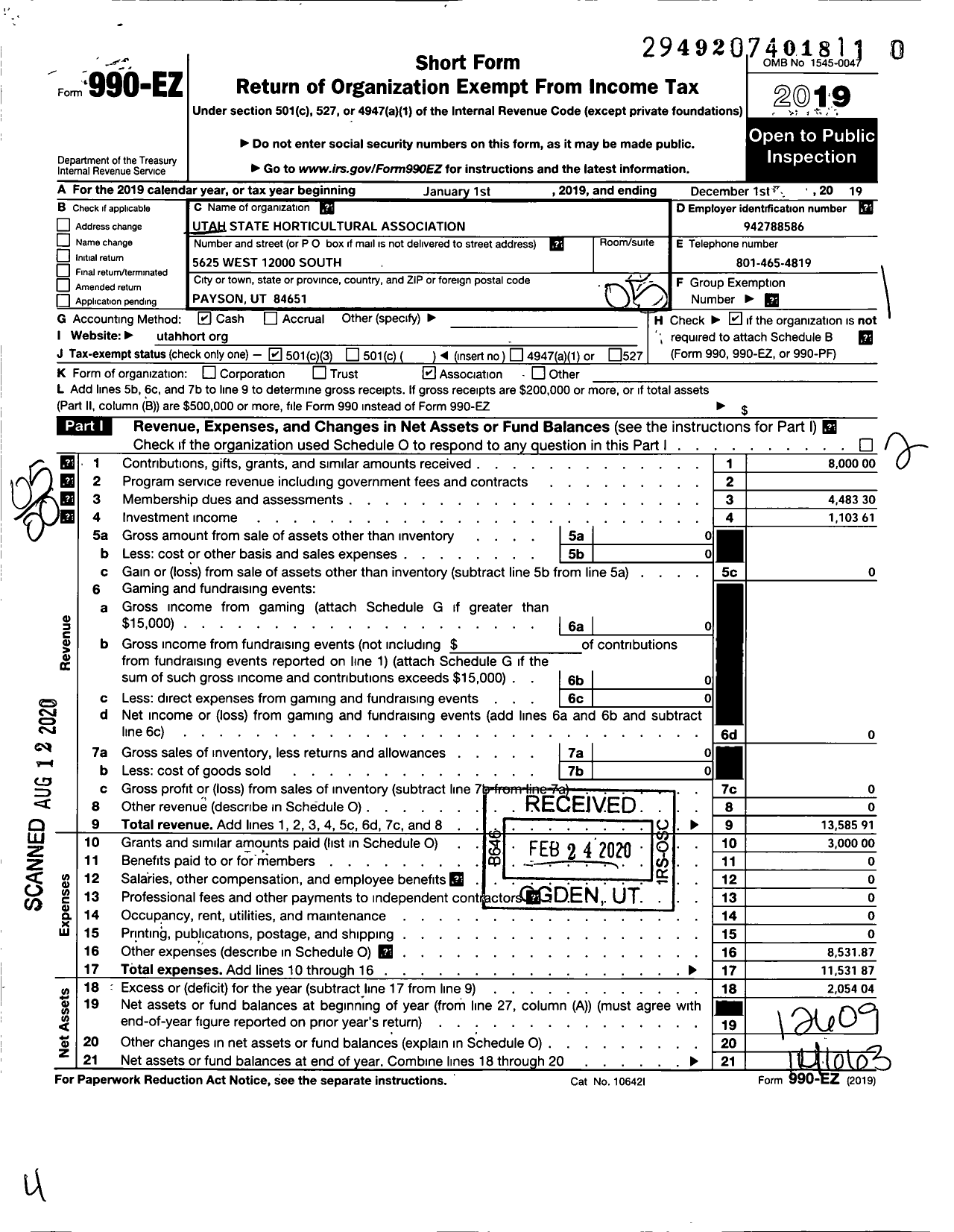 Image of first page of 2019 Form 990EO for Utah State Horticultural Association