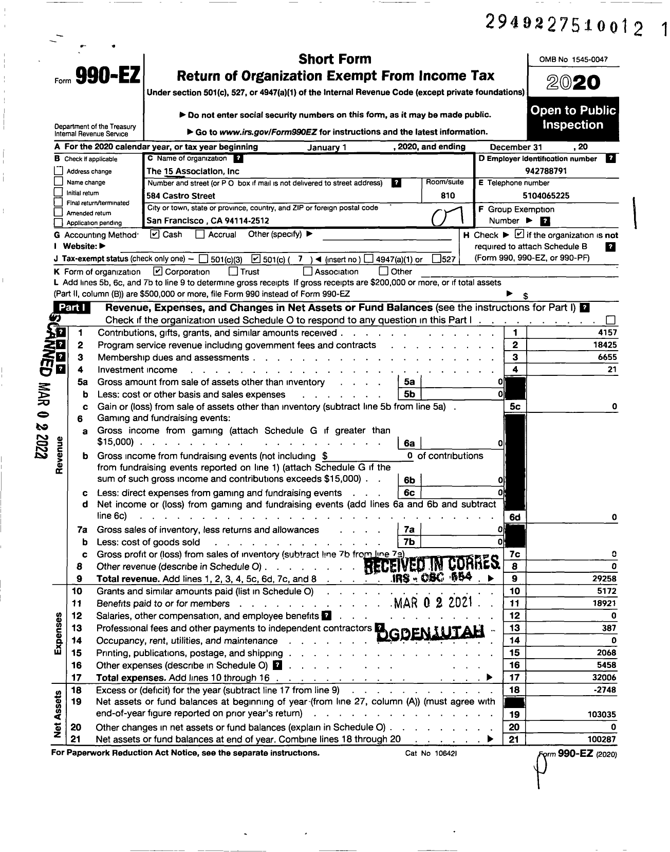 Image of first page of 2020 Form 990EO for 15 Association