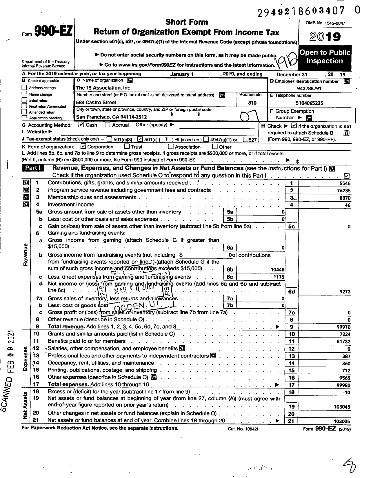 Image of first page of 2019 Form 990EO for 15 Association