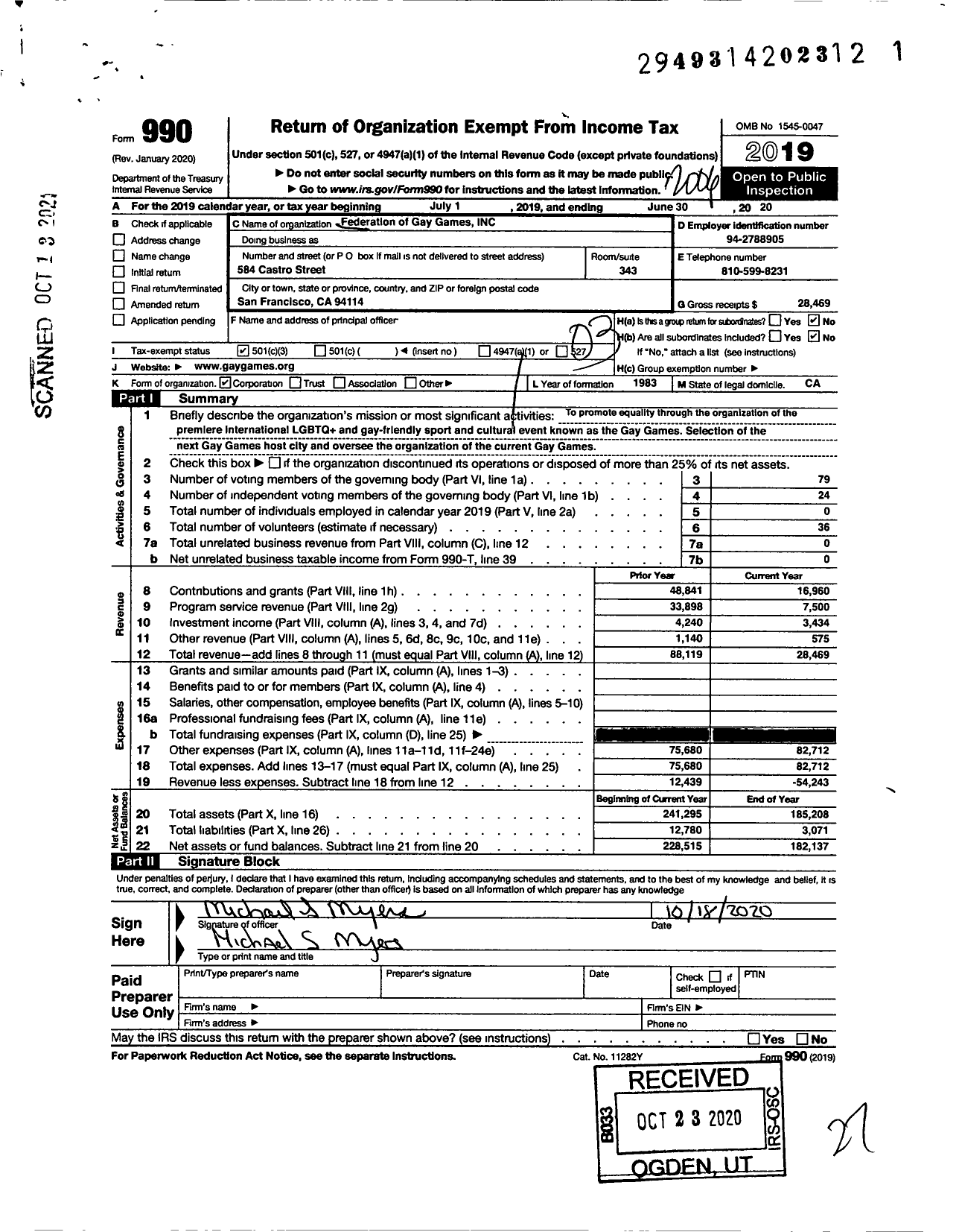 Image of first page of 2019 Form 990 for Federation of Gay Games