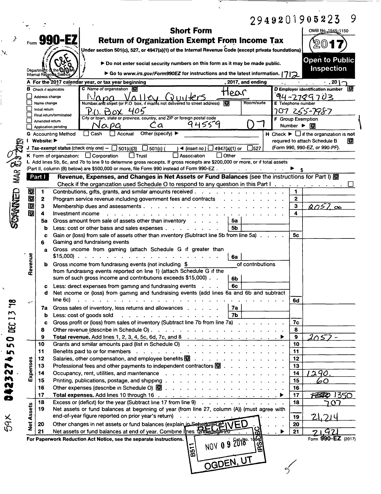 Image of first page of 2017 Form 990EO for Napa Valley Quilters