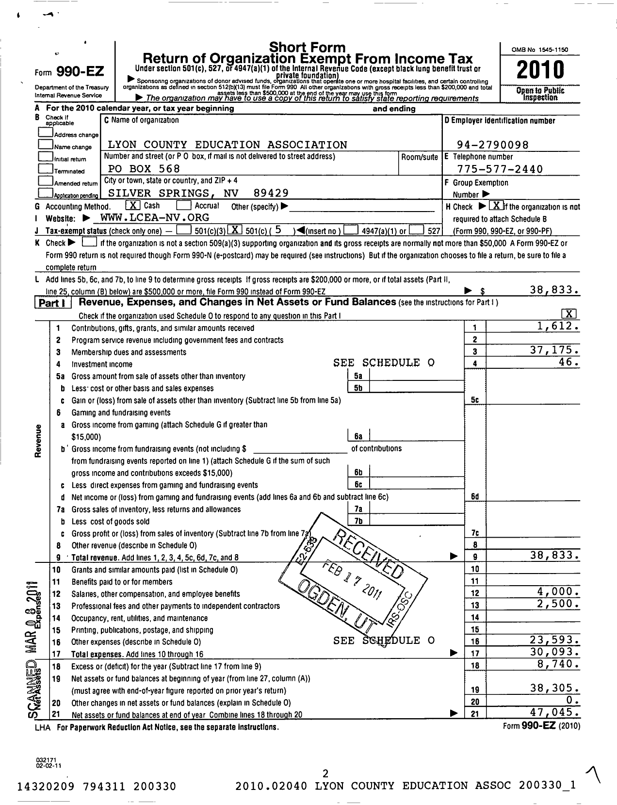Image of first page of 2010 Form 990EO for Lyon County Education Association