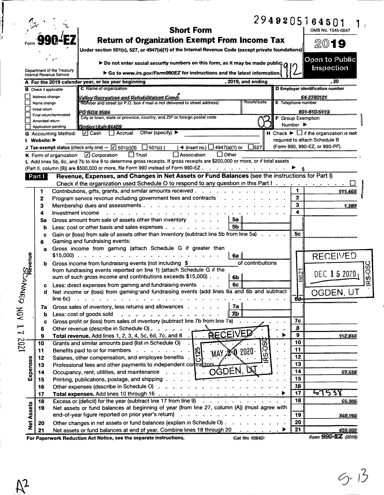 Image of first page of 2019 Form 990EZ for Valley Recreation and Rehabilitation Camp