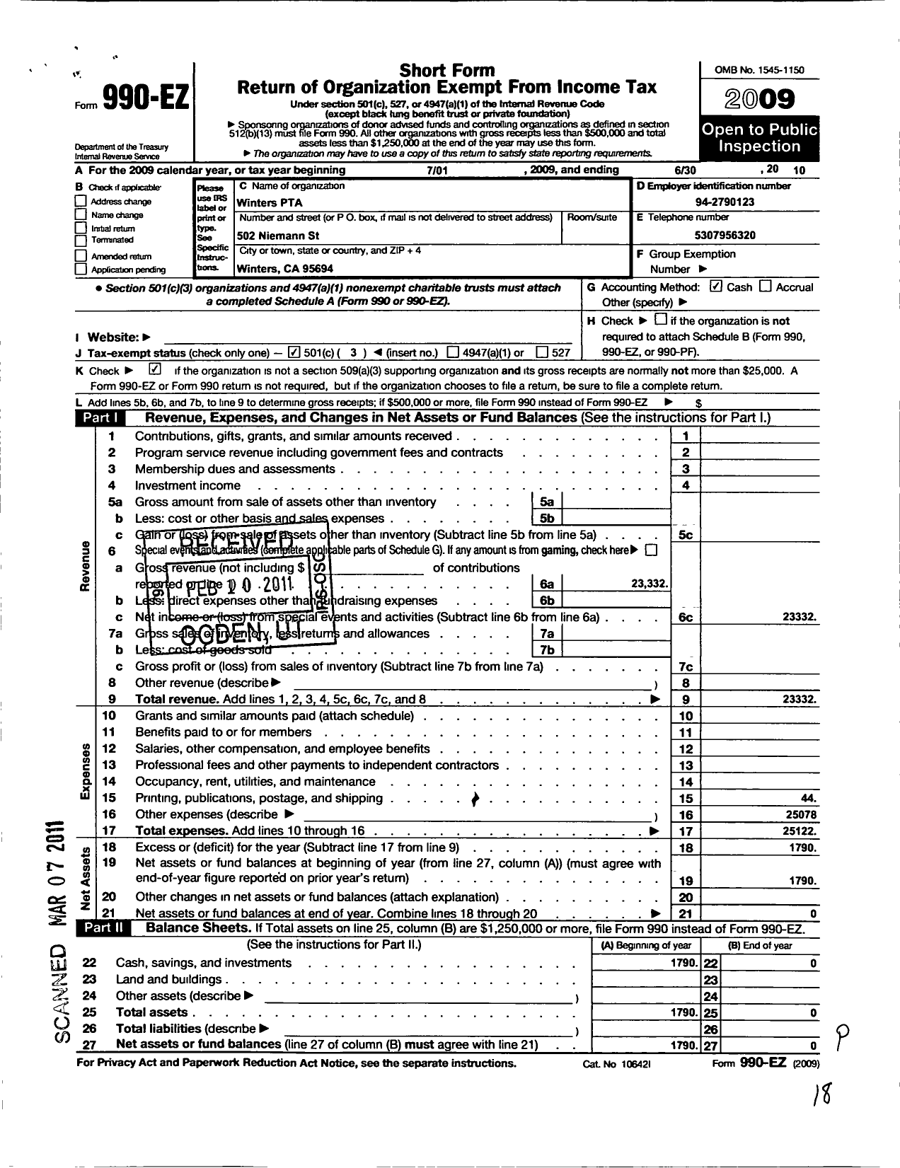 Image of first page of 2009 Form 990EZ for California State PTA - 410 Winters Combined PTA