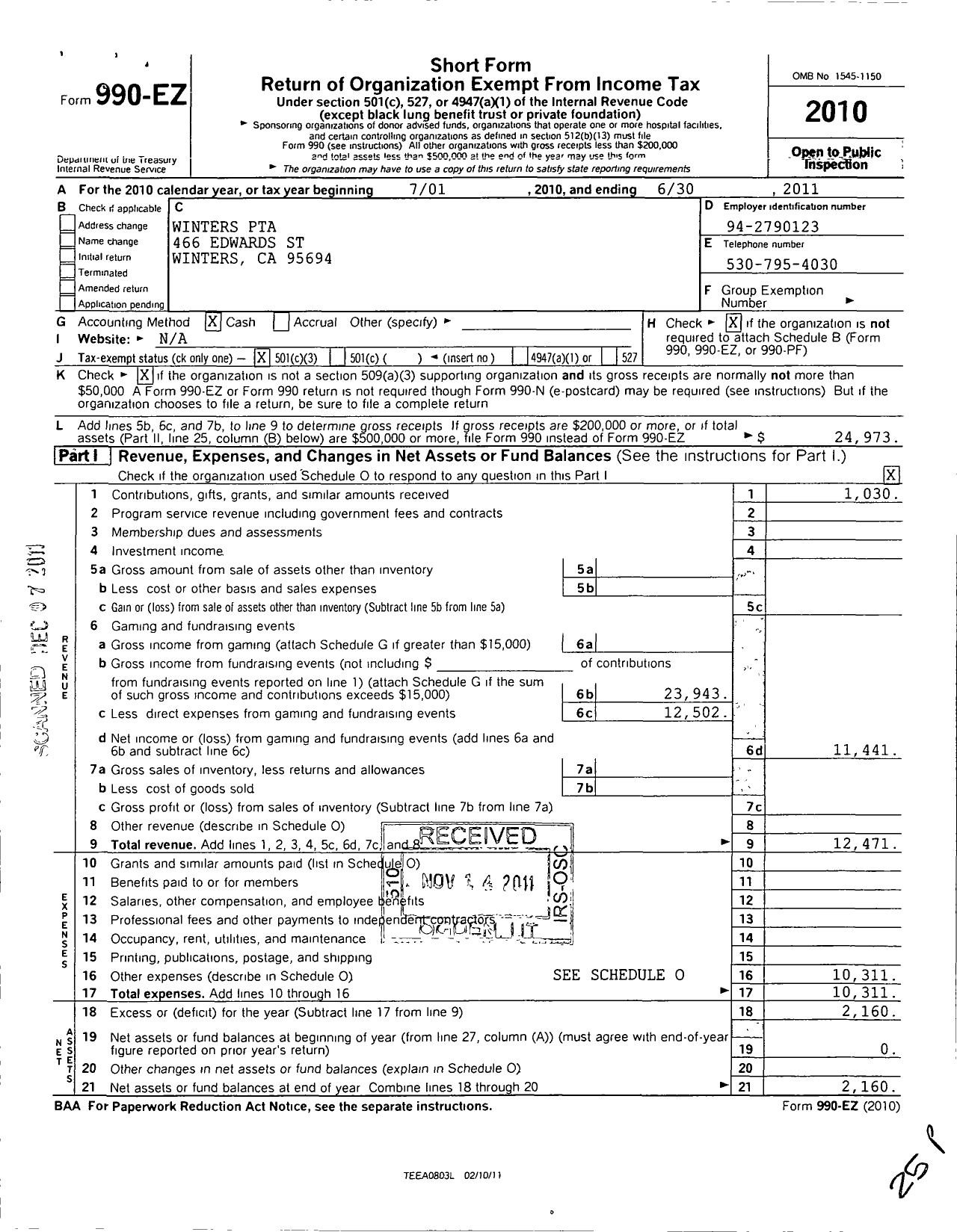 Image of first page of 2010 Form 990EZ for California State PTA - 410 Winters Combined PTA