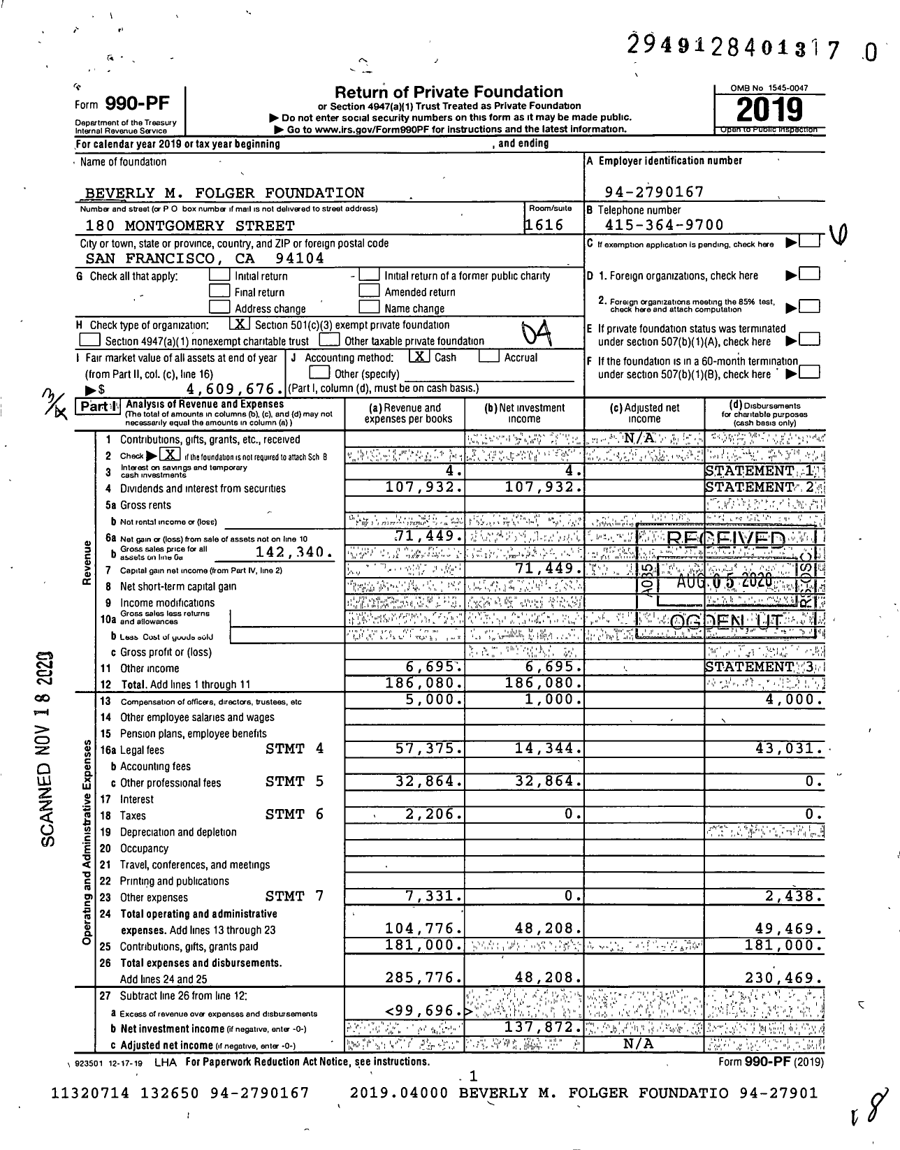 Image of first page of 2019 Form 990PF for Beverly M Folger Foundation